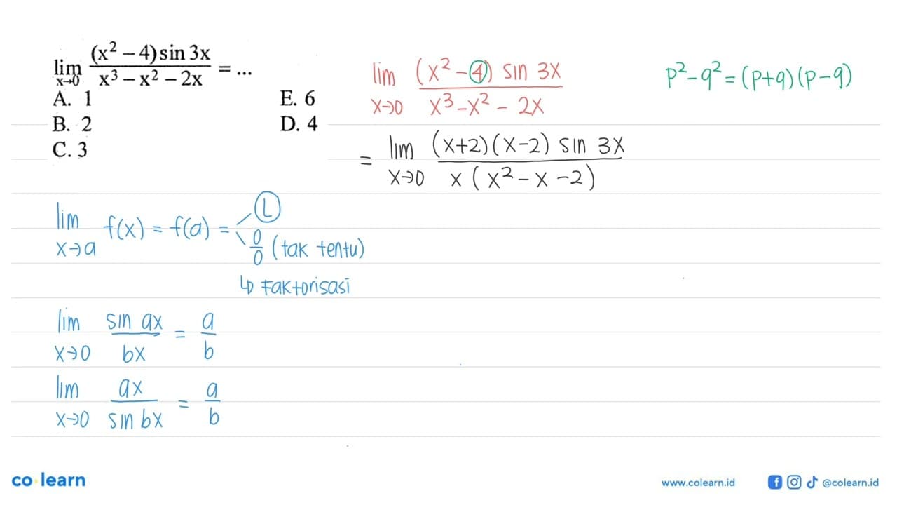 limit x->0 ((x^2-4) sin 3x)/(x^3-x^2-2x)=...