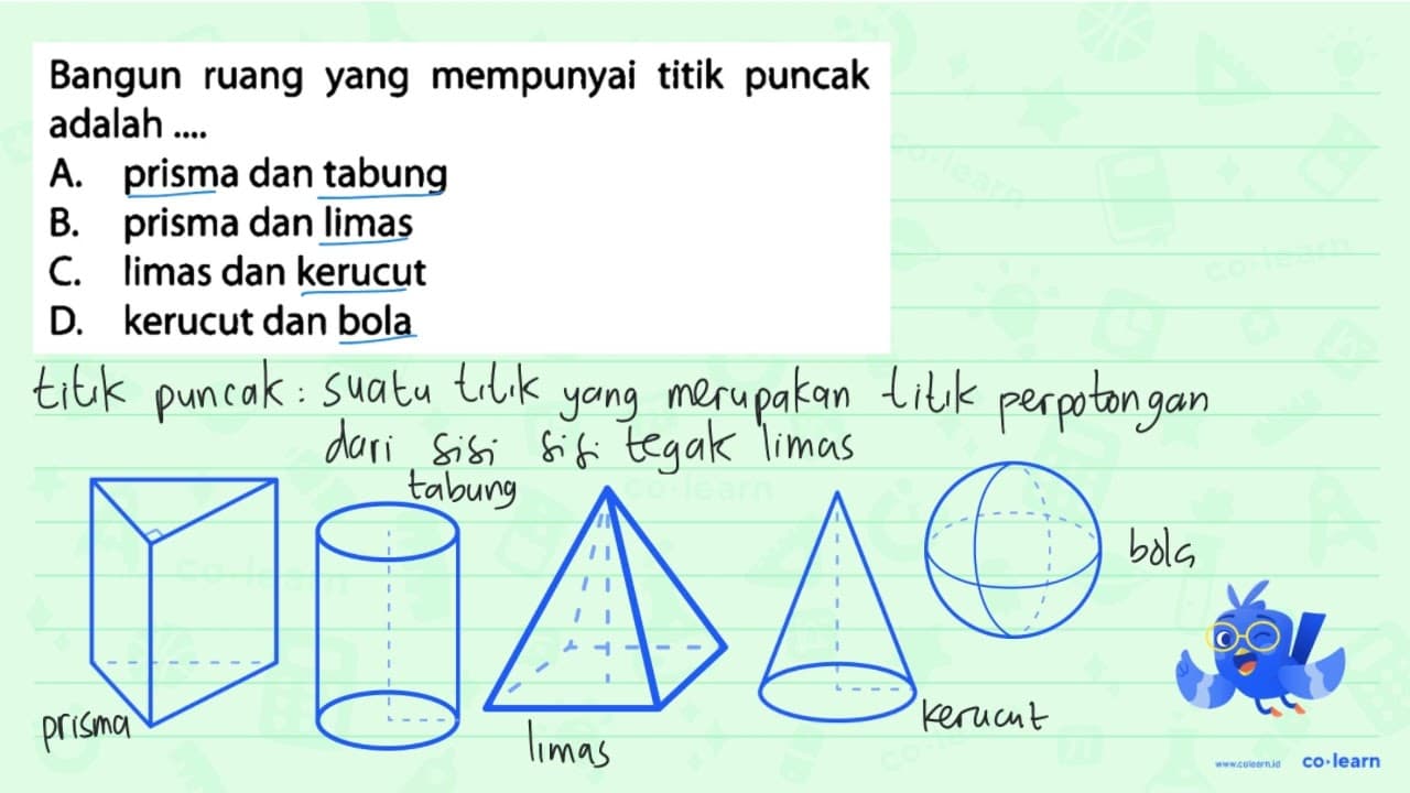 Bangun ruang yang mempunyai titik puncak adalah .... A.