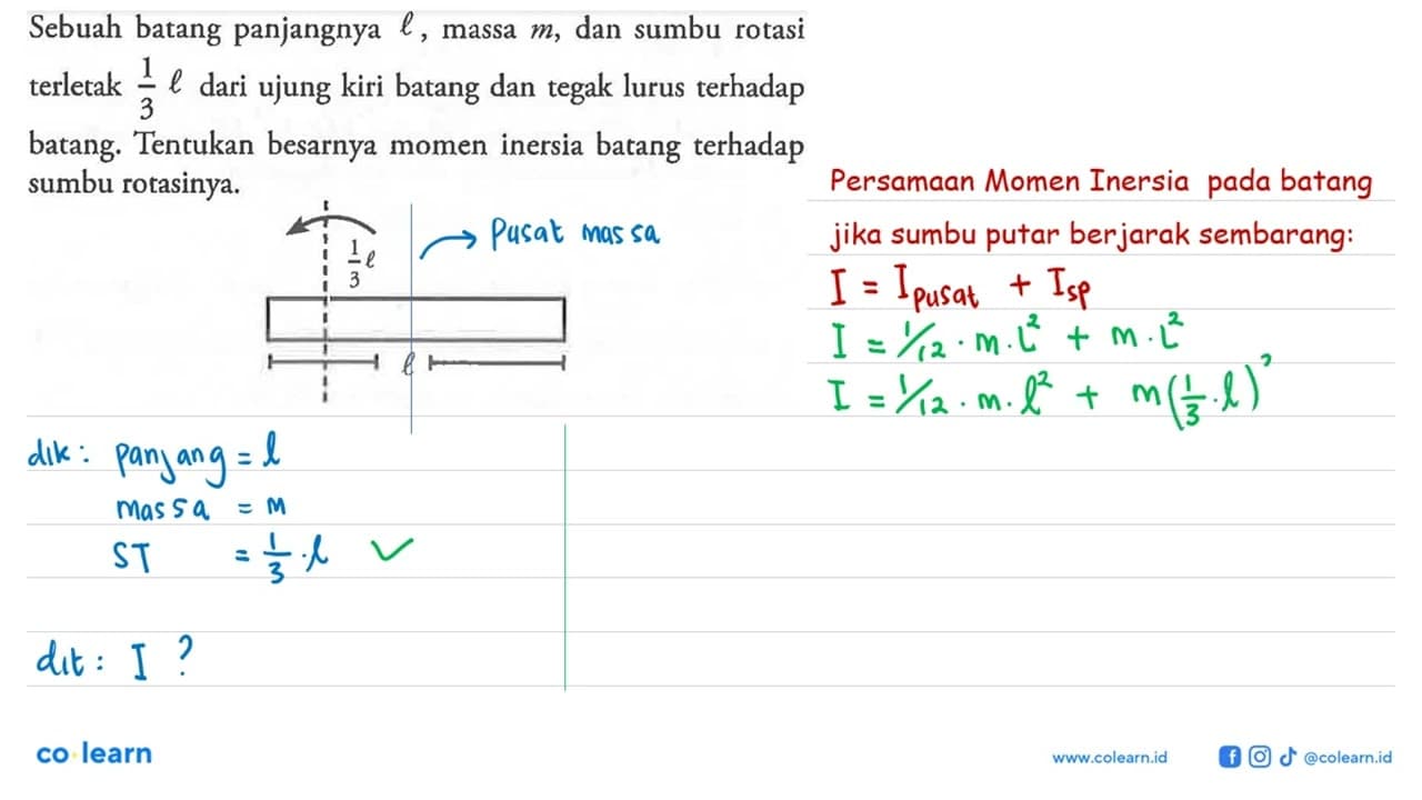 Sebuah batang panjangnya l, massa m, dan sumbu rotasi