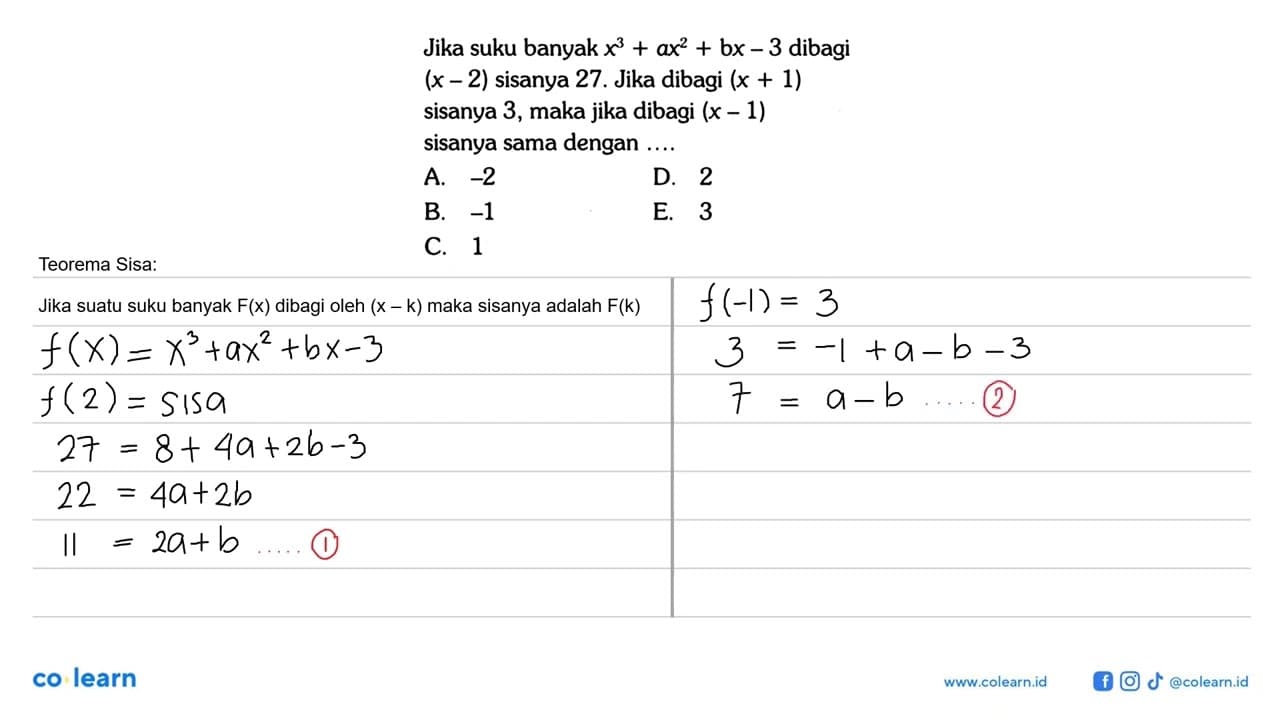 Jika suku banyak x^3+ax^2+bx-3 dibagi (x-2) sisanya 27.