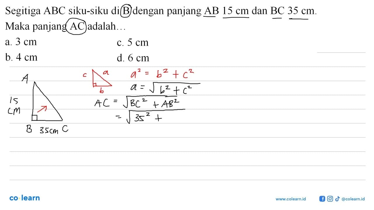 Segitiga ABC siku-siku di B dengan panjang AB 15 cm dan BC