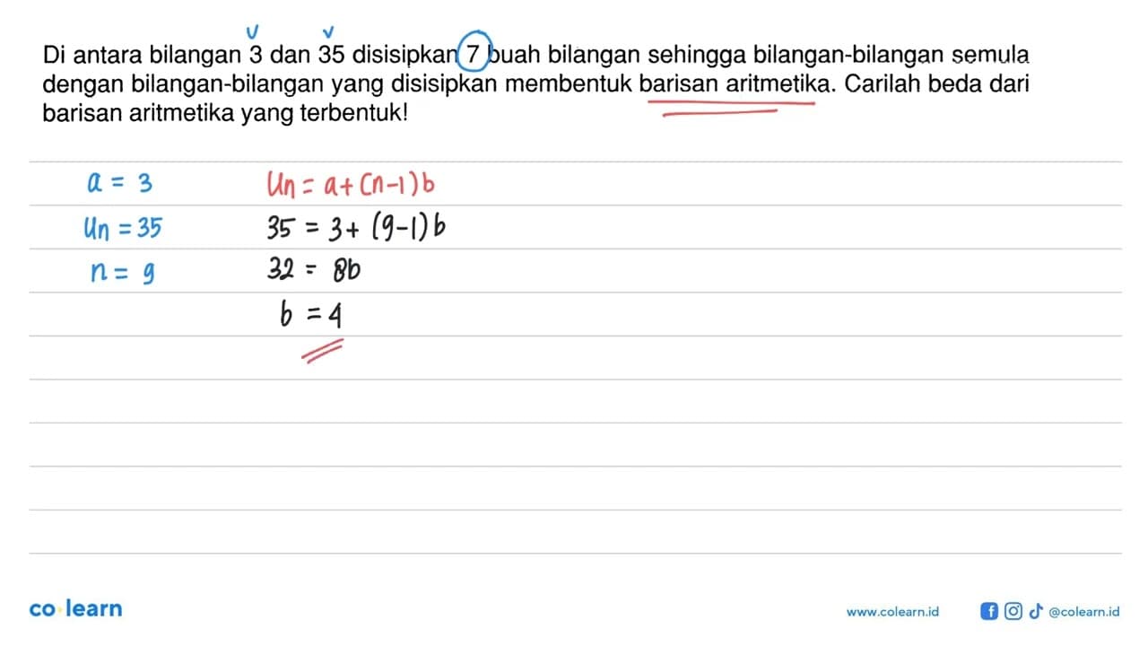 Di antara bilangan 3 dan 35 disisipkan 7 buah bilangan