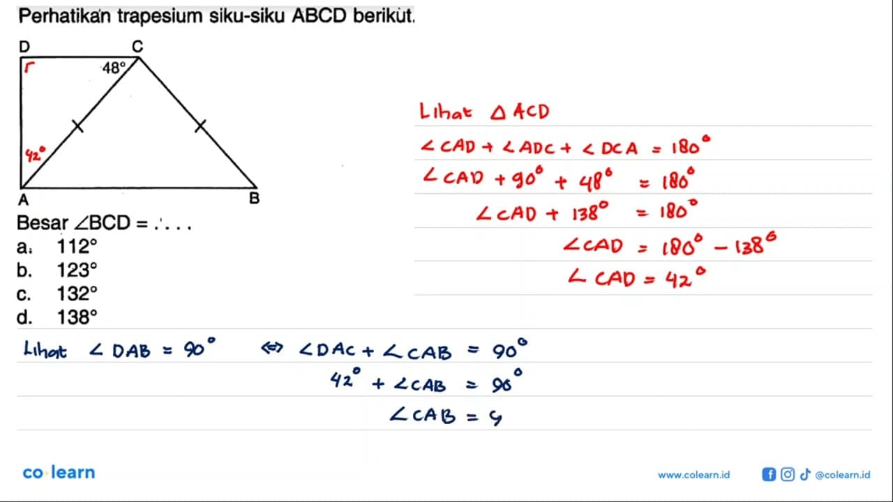 Perhatikan trapesium siku-siku ABCD berikùt.Besar sudut