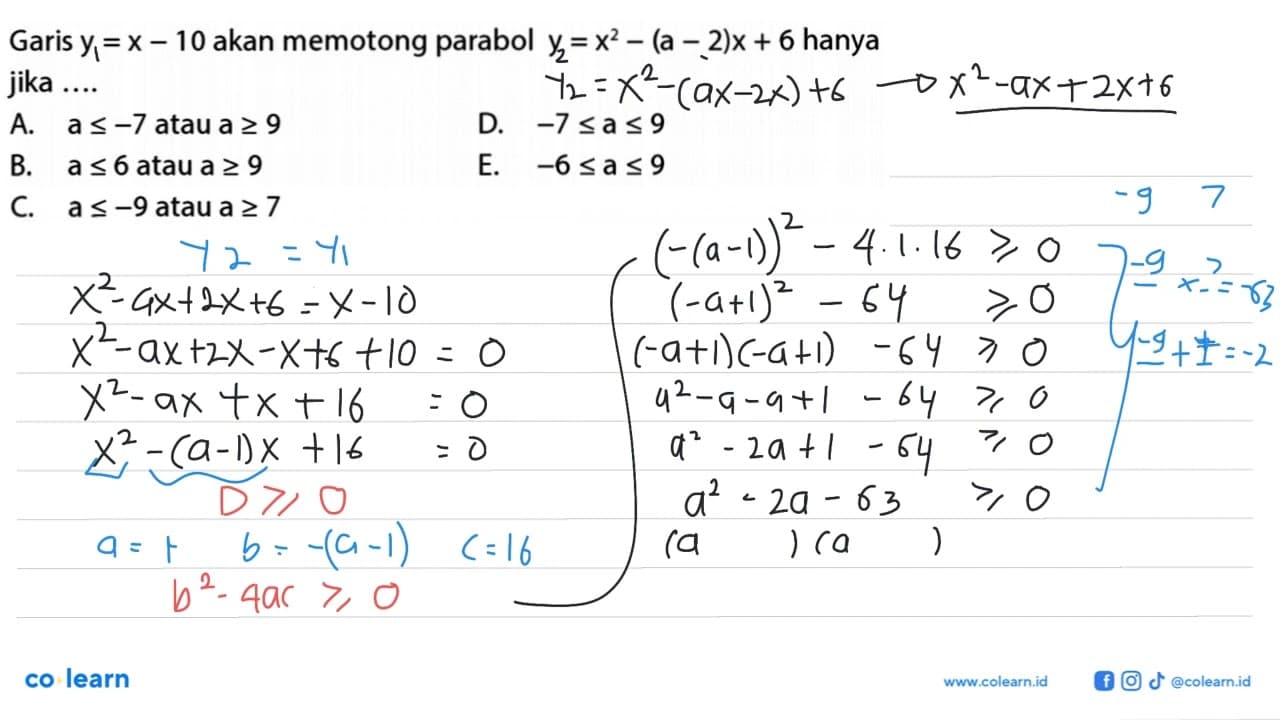 Garis y = X - 10 akan memotong parabol y = x^2- (a - 2)x +