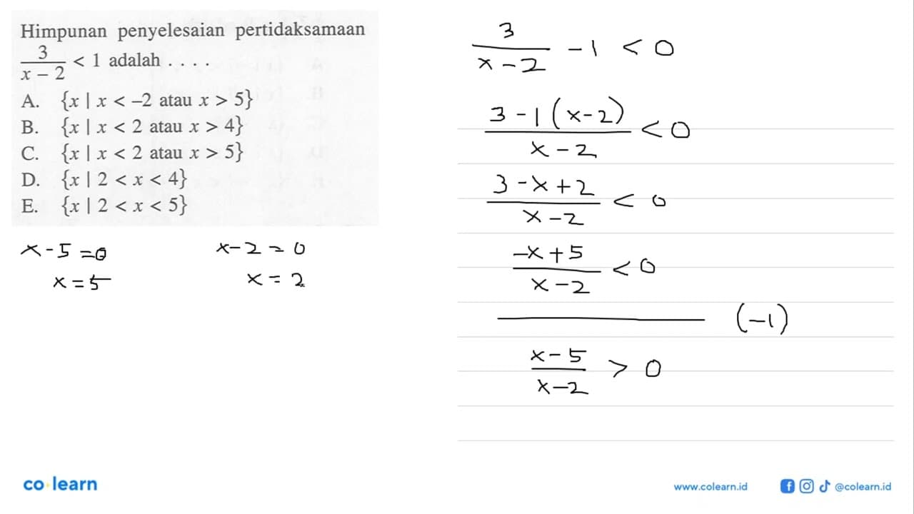 Himpunan penyelesaian pertidaksamaan 3/(x-2) <1 adalah ...