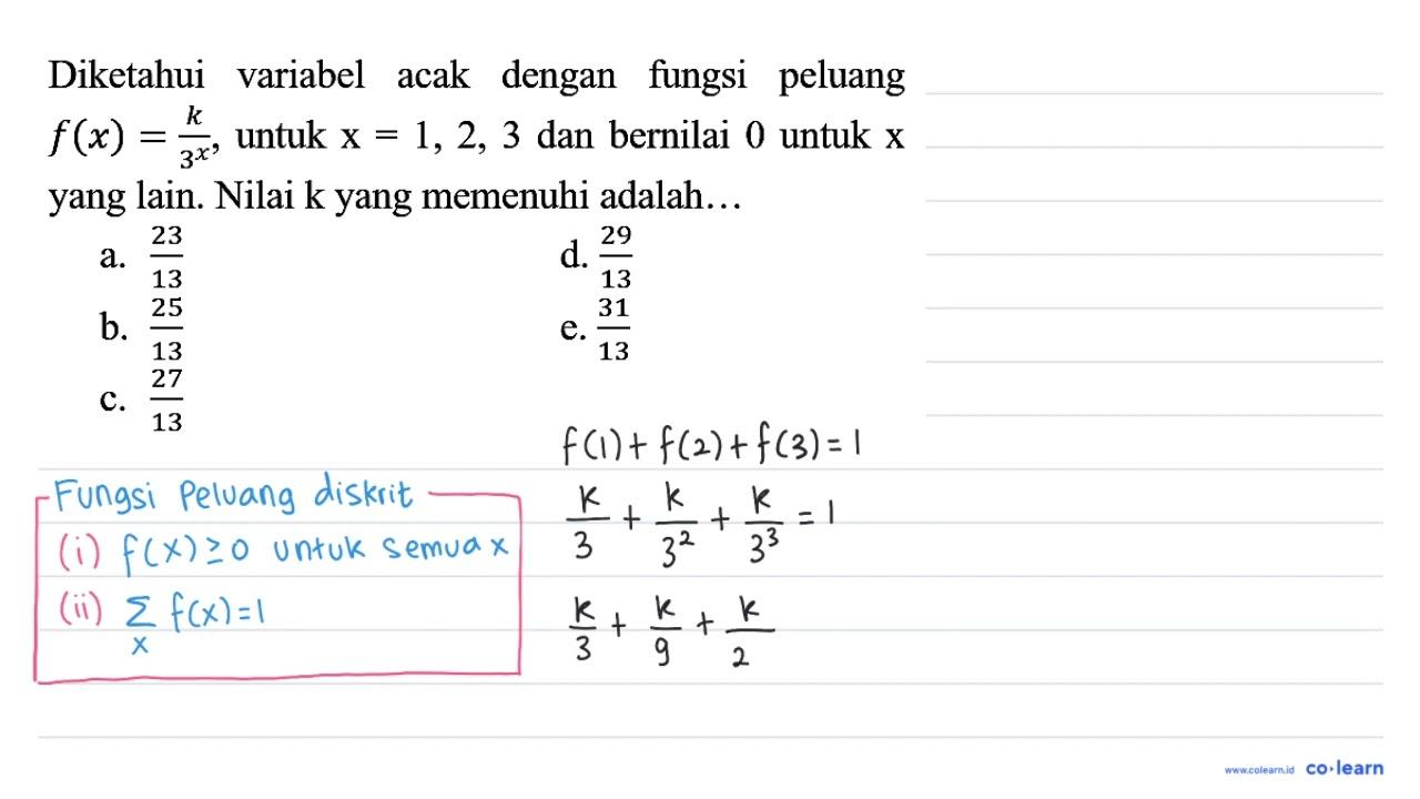 Diketahui variabel acak dengan fungsi peluang f(x) =