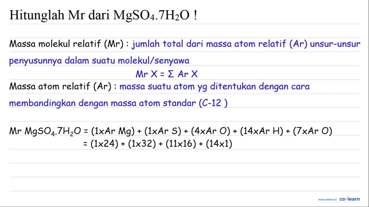 Hitunglah Mr dari MgSO_(4) .7 H_(2) O !