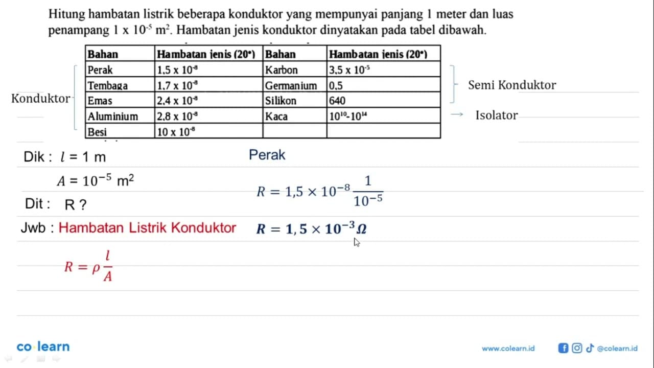 Hitung hambatan listrik beberapa konduktor yang mempunyai