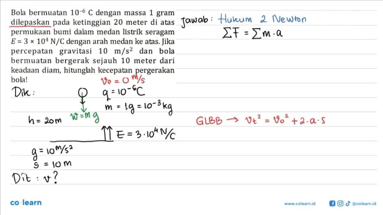 Bola bermuatan 10^(-6) C dengan massa 1 gram dilepaskan