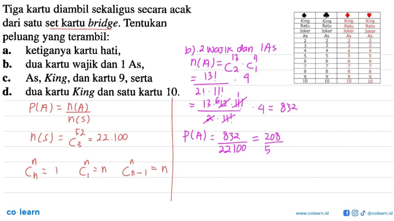 Tiga kartu diambil sekaligus secara acak dari satu set