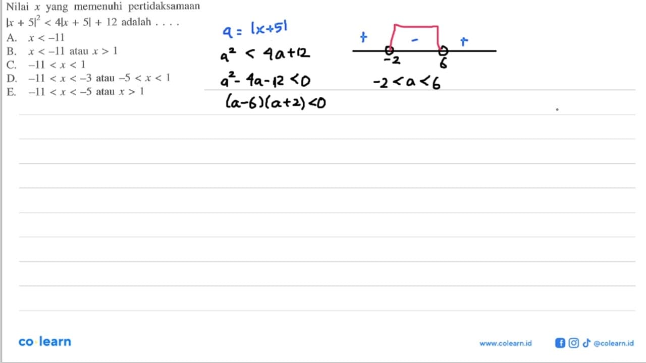 Nilai x yang memenuhi pertidaksamaan |x+5|^2<4|x+5|+12