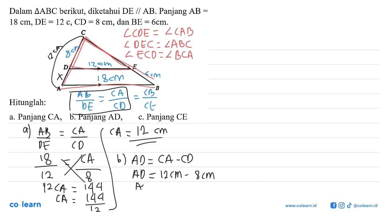 Dalam segitiga ABC berikut, diketahui DE // AB. Panjang