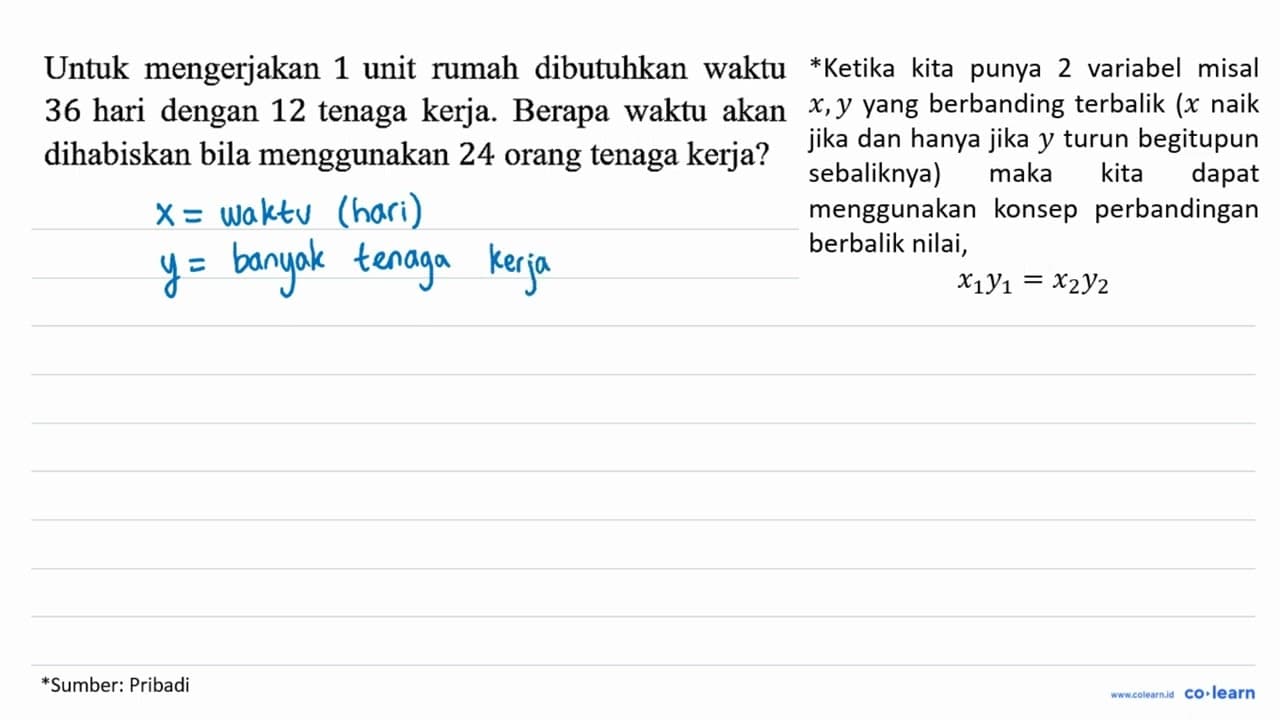 Untuk mengerjakan 1 unit rumah dibutuhkan waktu 36 hari