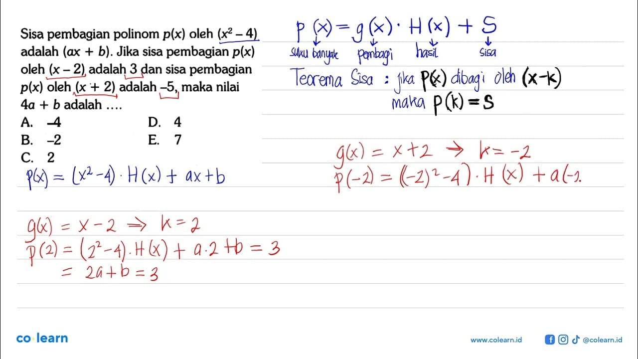 Sisa pembagian polinom p(x) oleh (x^2-4) adalah (ax + b).