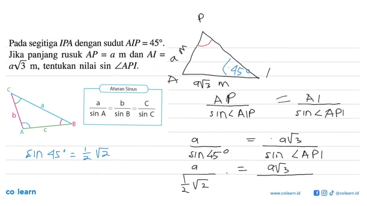 Pada segitiga IPA dengan sudut AIP=45. Jika panjang rusuk