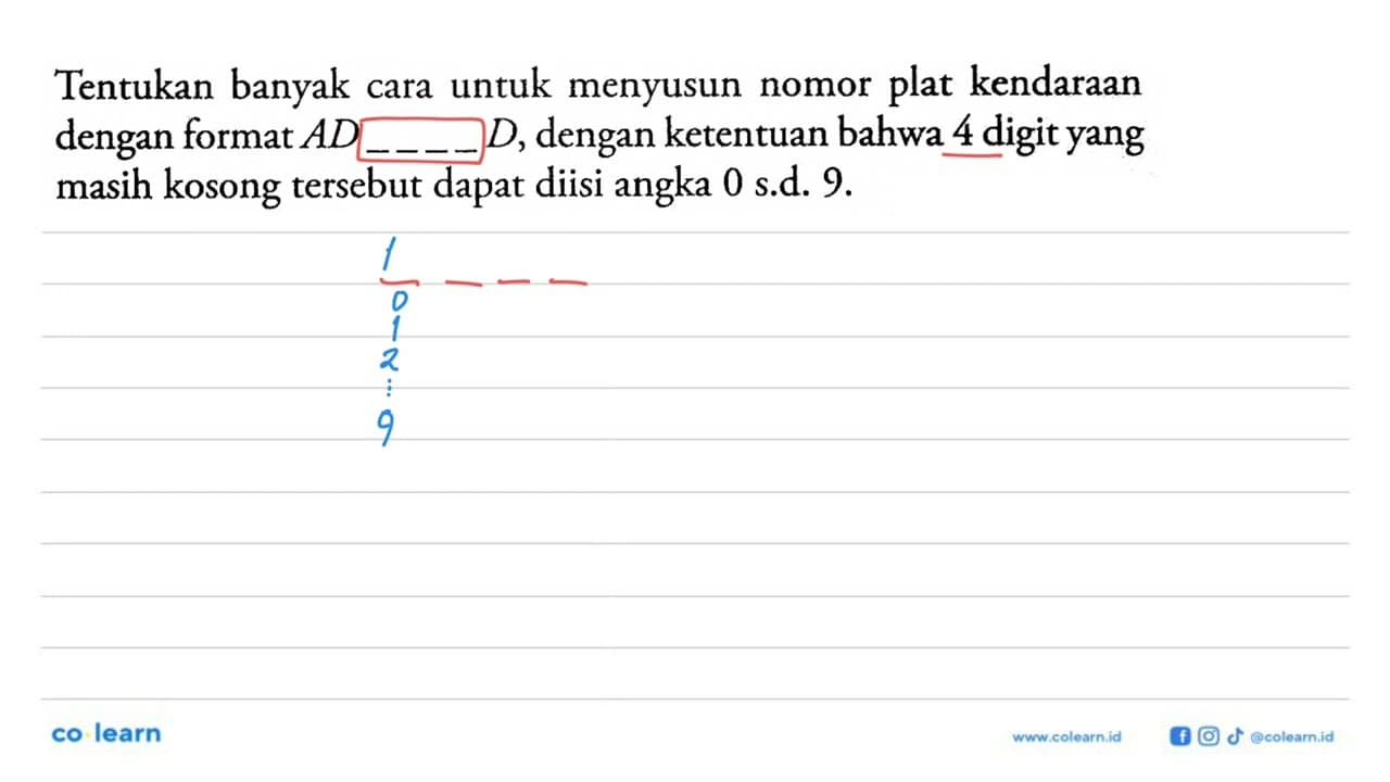 Tentukan banyak cara untuk menyusun nomor plat kendaraan