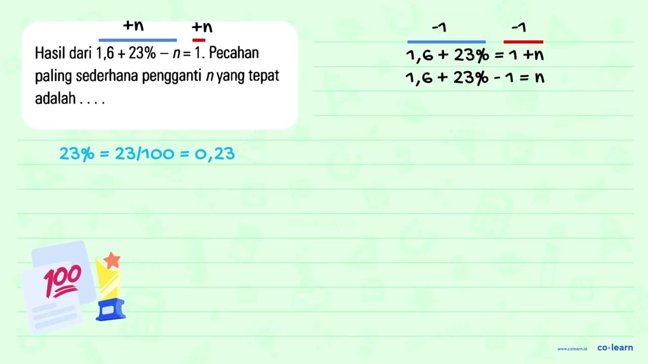 Hasil dari 1,6 + 23% - n = 1. Pecahan paling sederhana