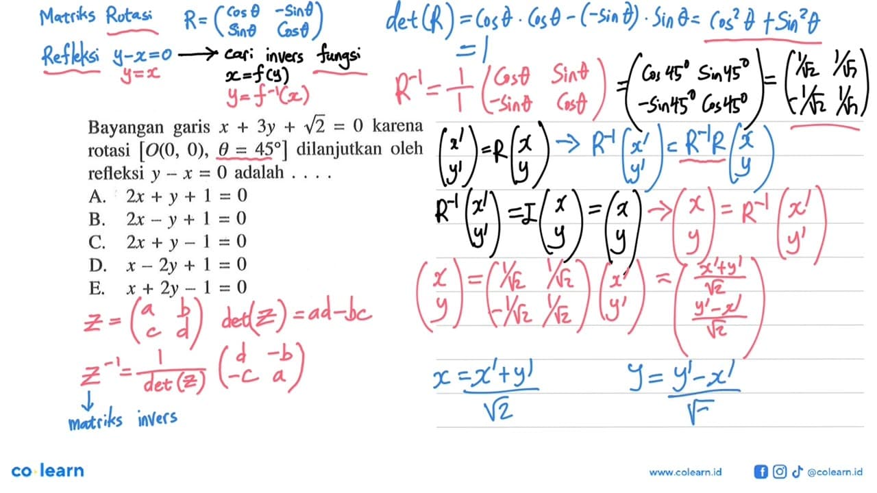 Bayangan garis x+3y+akar(2)=0 karena rotasi [O(0,0),