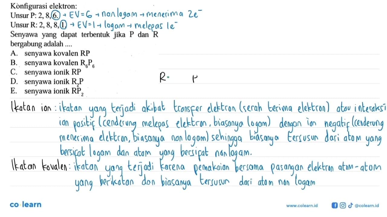 Konfigurasi elektron: Unsur P: 2, 8, 6. Unsur R: 2, 8, 8,