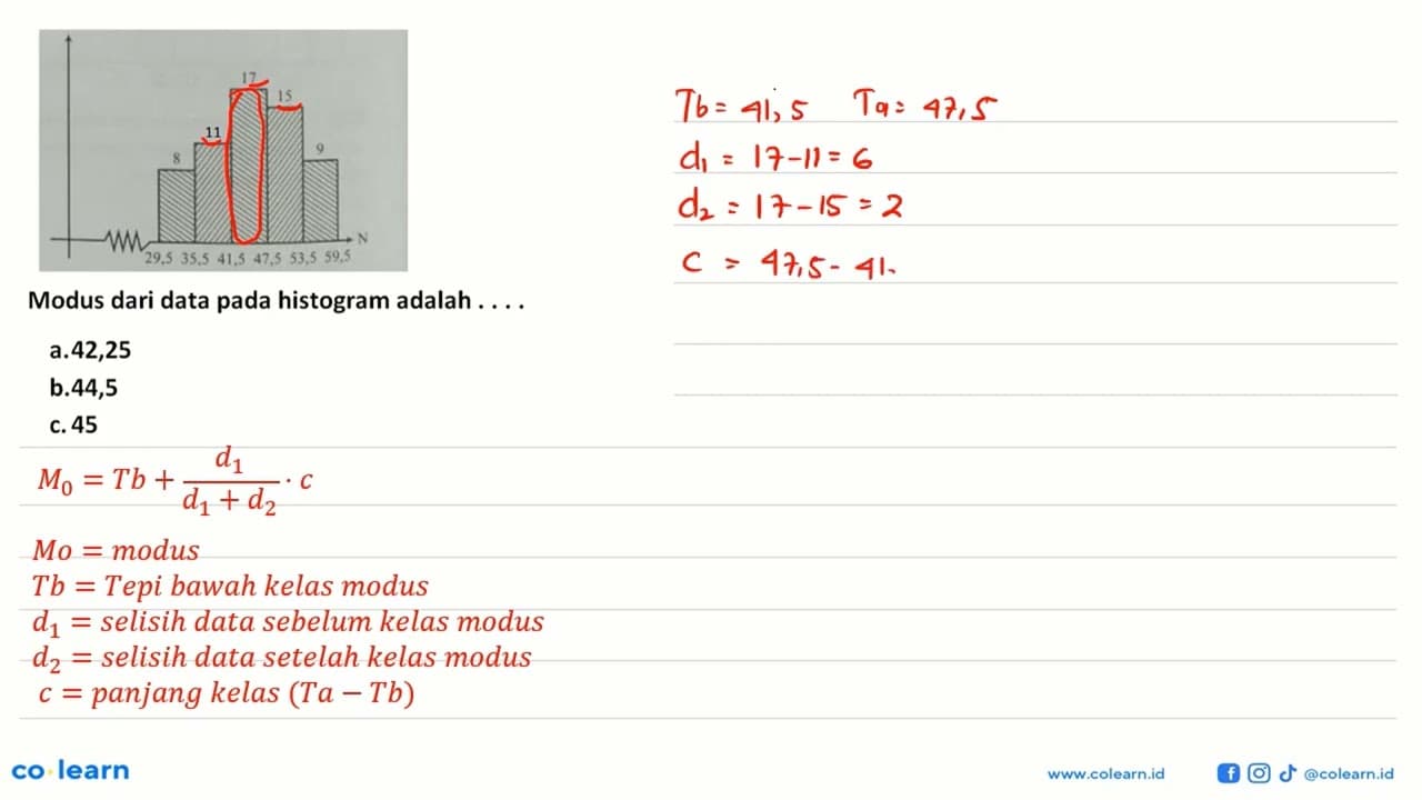 Modus dari data pada histogram adalah a.42,25 b.44,5 c.45