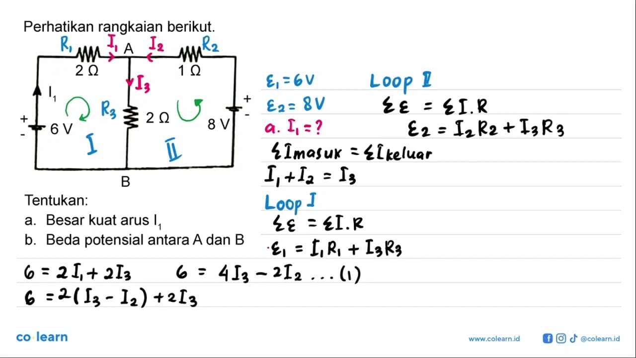 Perhatikan rangkaian berikut. A 2 Ohm 1 Ohm I1 2 Ohm 6 V 8