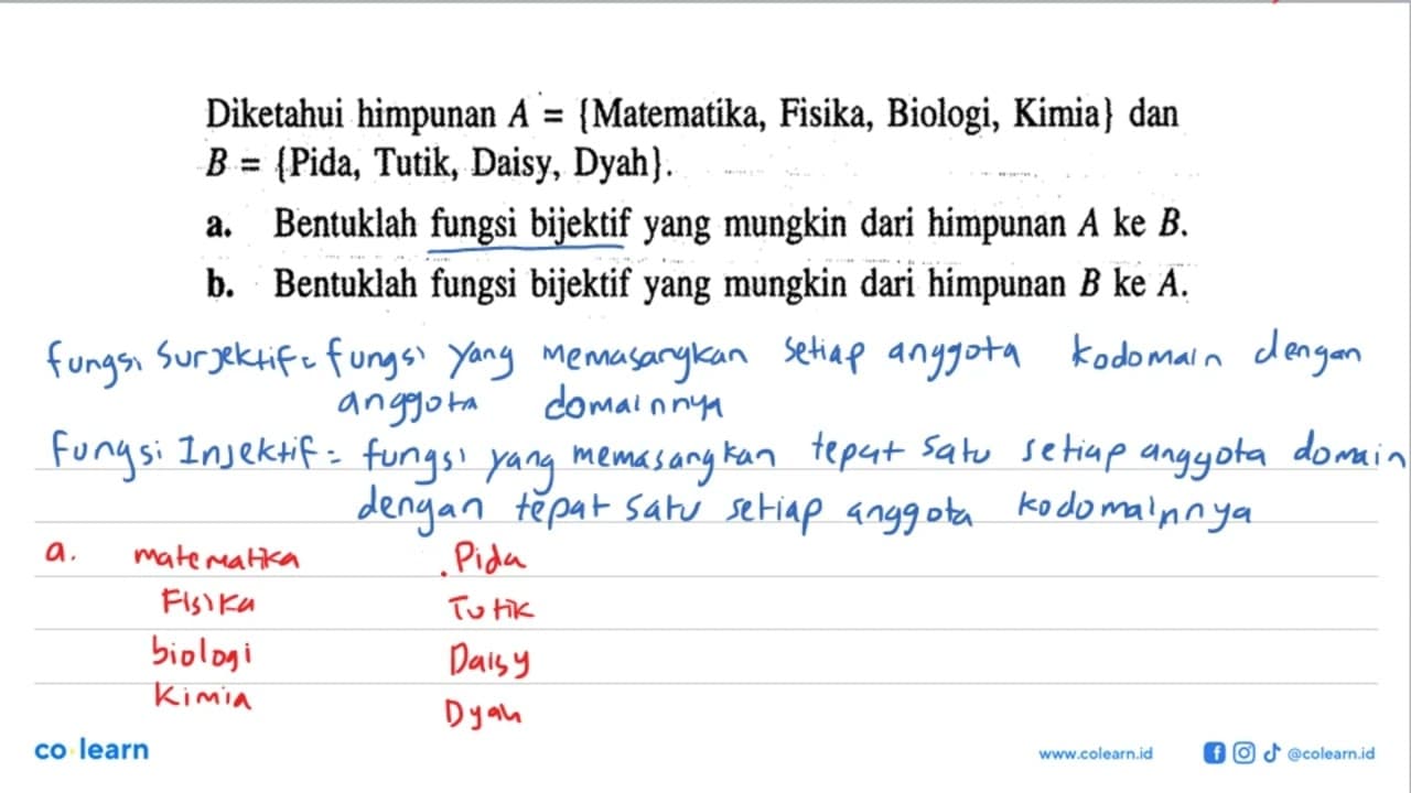 Diketahui himpunan A={Matematika, Fisika, Biologi, Kimia}