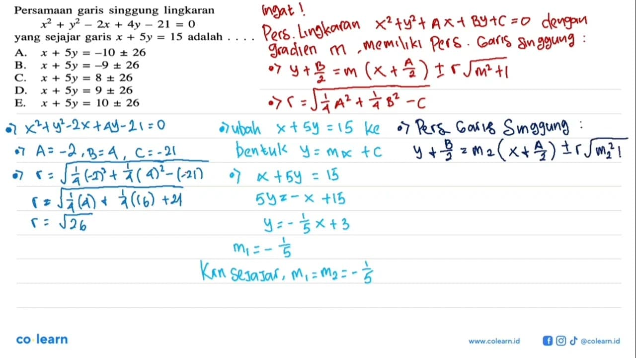 Persamaan garis singgung lingkaran x^2+y^2-2x+4y-21=0 yang