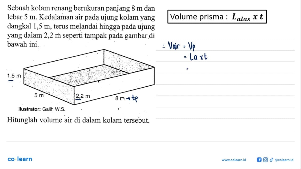 Sebuah kolam renang berukuran panjang 8 m dan lebar 5 m.