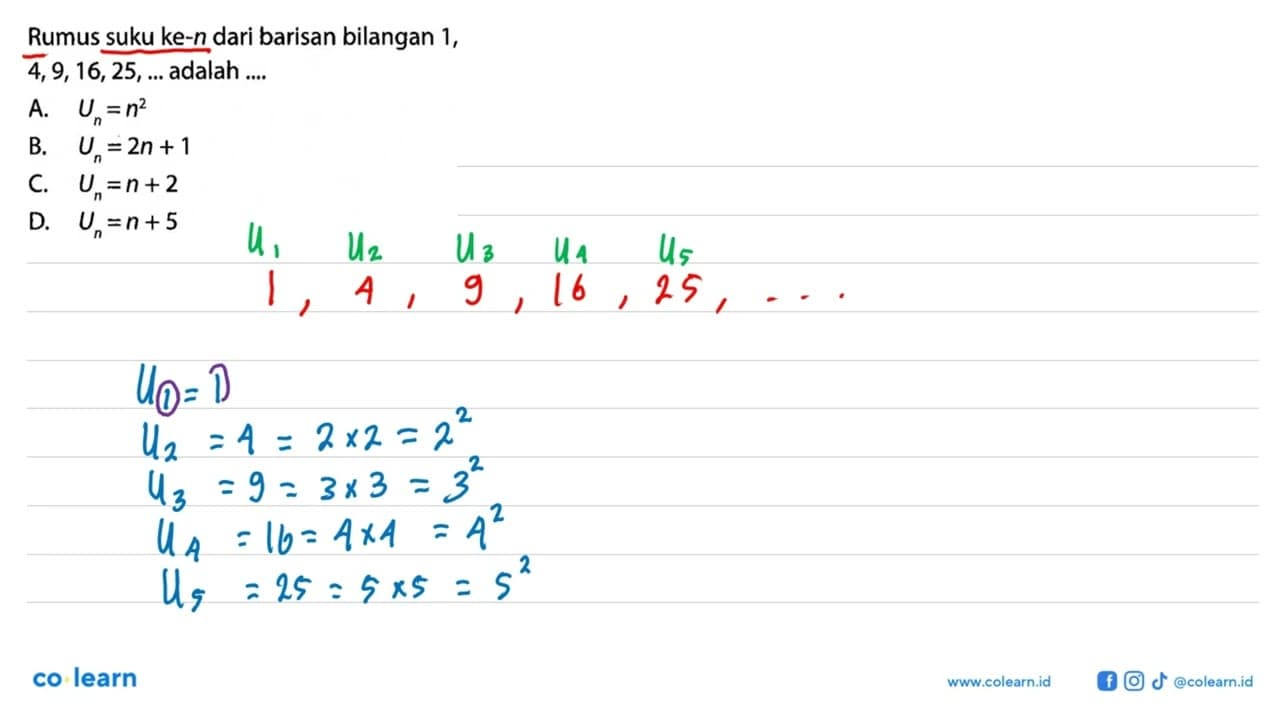 Rumus suku ke-n dari barisan bilangan 1, 4, 9, 16, 25, ...