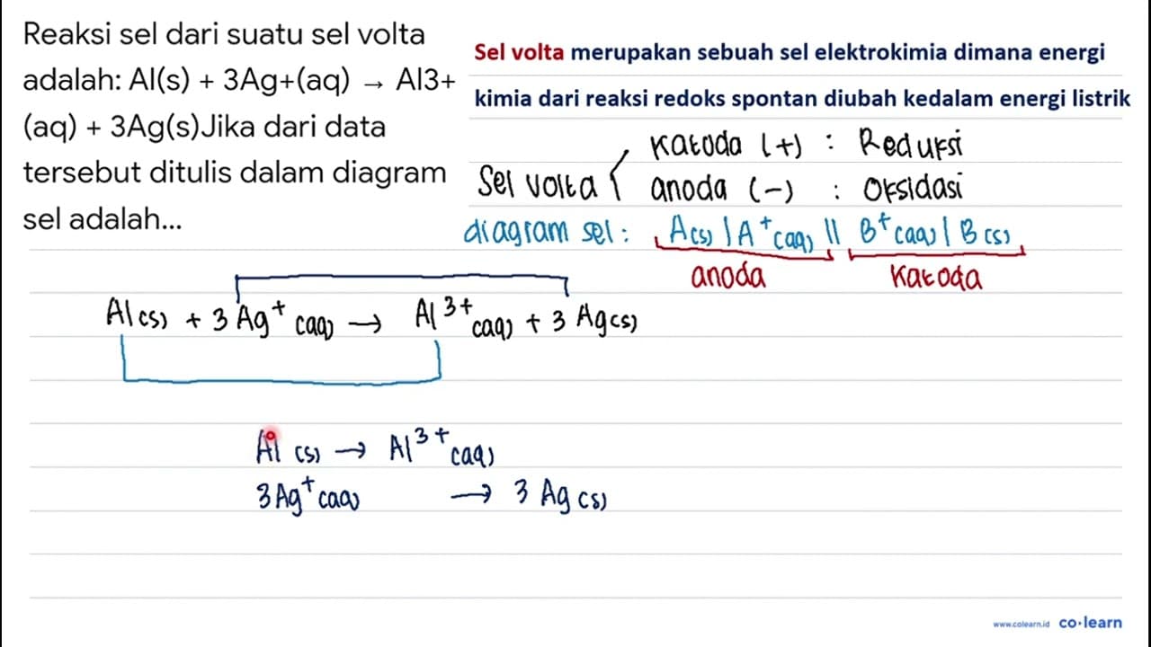 Reaksi sel dari suatu sel volta adalah: Al(s)+3 Ag+(aq) ->