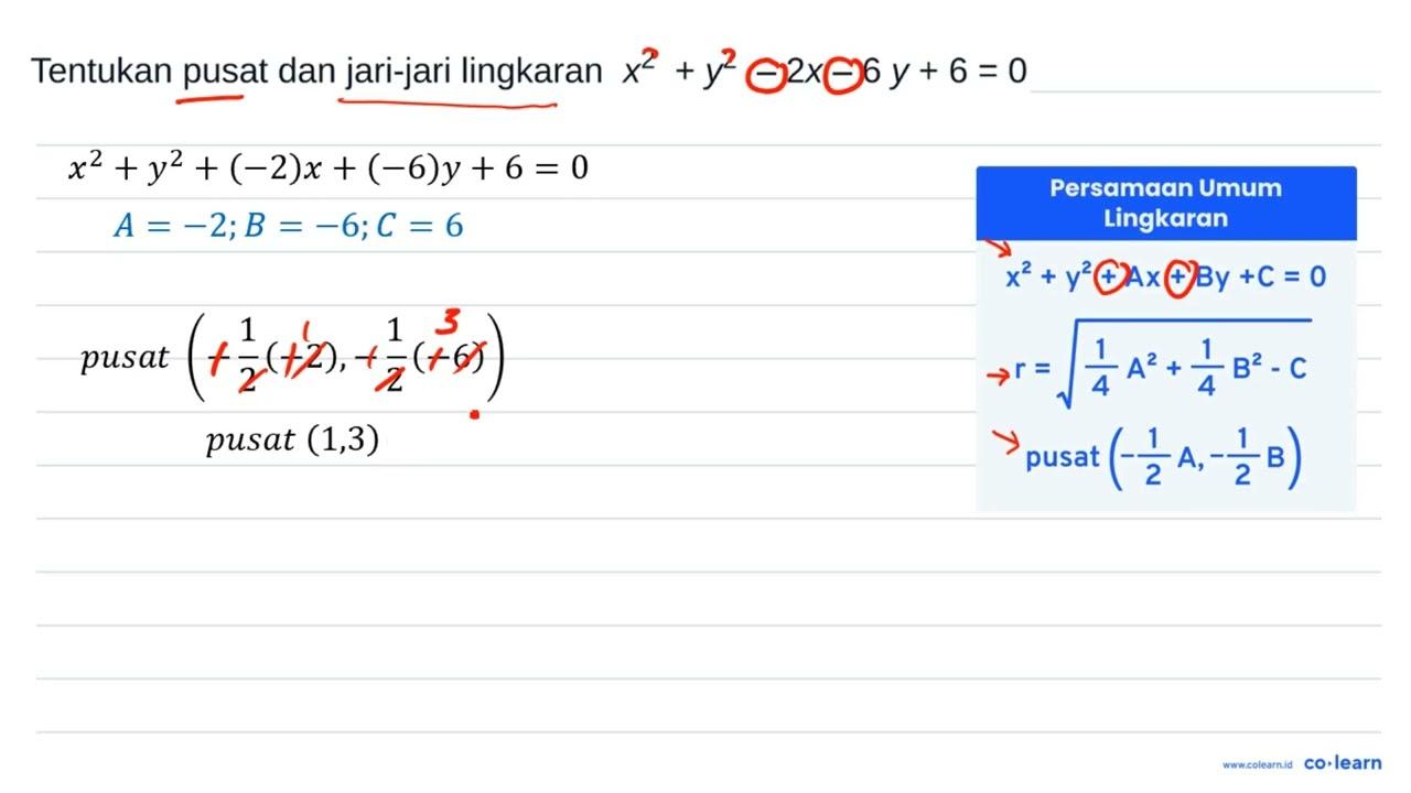 Tentukan pusat dan jari-jari lingkaran x^2 + y^2 - 2x - 6y