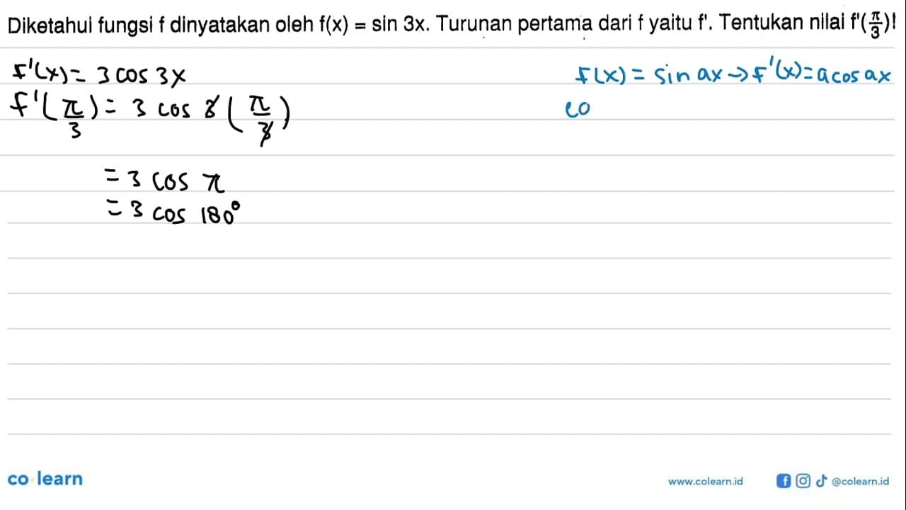 Diketahui fungsi f dinyatakan oleh f(x)=sin 3x. Turunan