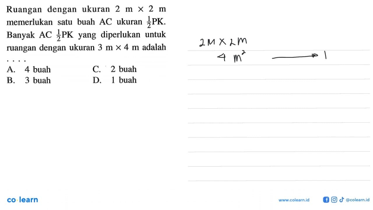 Ruangan dengan ukuran 2 m x 2 m memerlukan satu buah AC