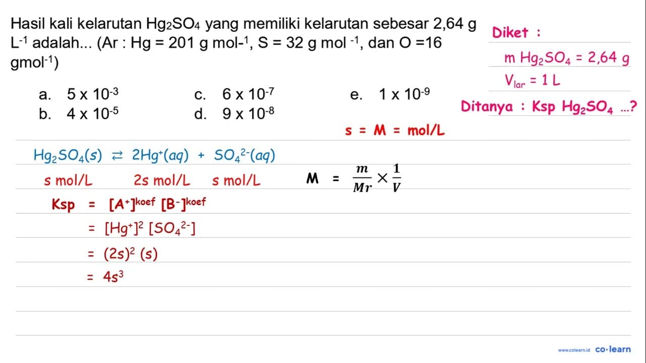 Hasil kali kelarutan Hg_(2) SO_(4) yang memiliki kelarutan