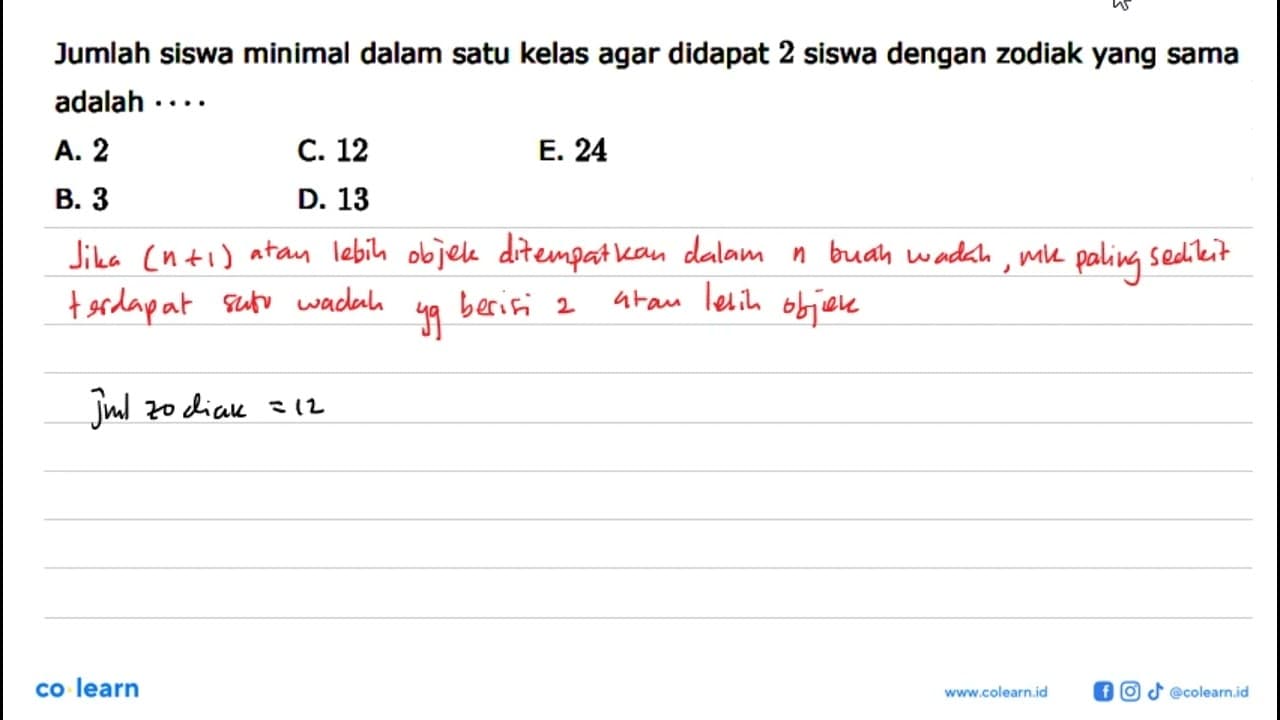 Jumlah siswa minimal dalam satu kelas agar didapat 2 siswa