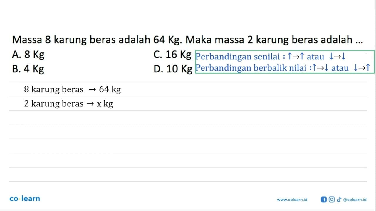 Massa 8 karung beras adalah 64 Kg. Maka massa 2 karung