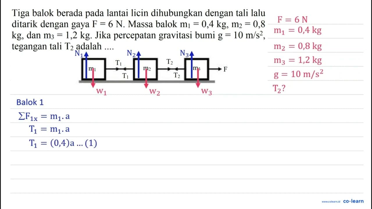 Tiga balok berada pada lantai licin dihubungkan dengan tali