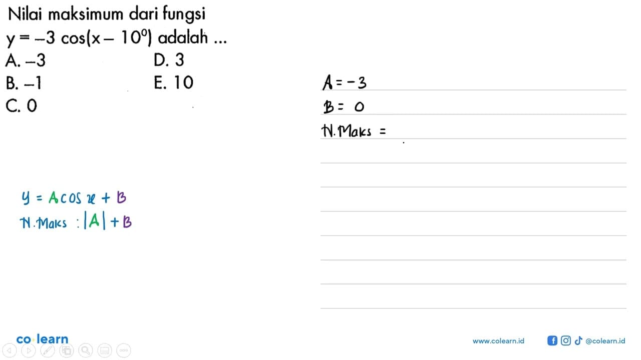 Nilai maksimum dari fungsi y=-3cos(x-10) adalah ...