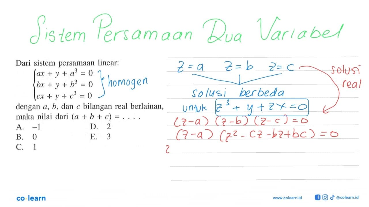 Dari sistem persamaan linear: ax+y+a^3=0 bx+y+b^3=0