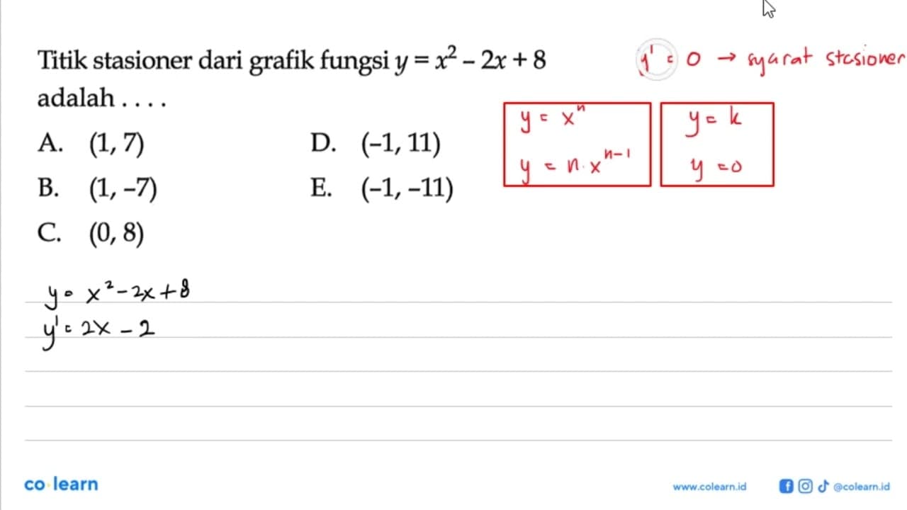 Titik stasioner dari grafik fungsi y=x^2-2x+8 adalah ....