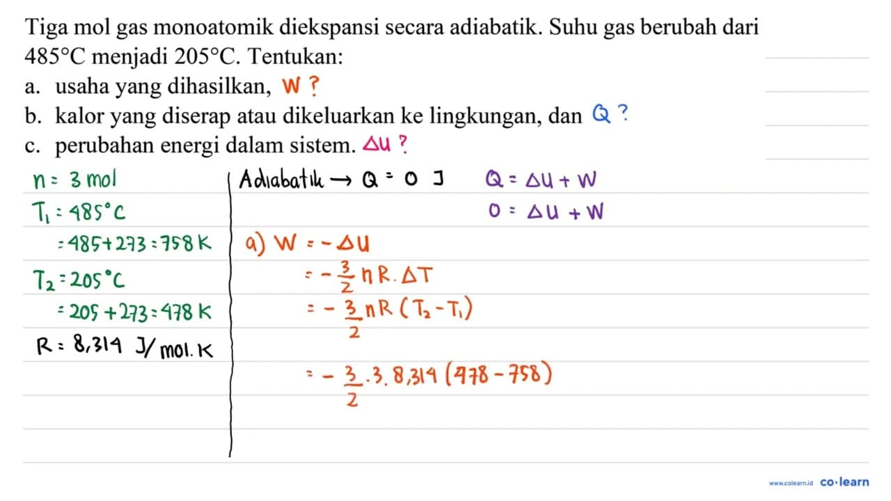 Tiga mol gas monoatomik diekspansi secara adiabatik. Suhu