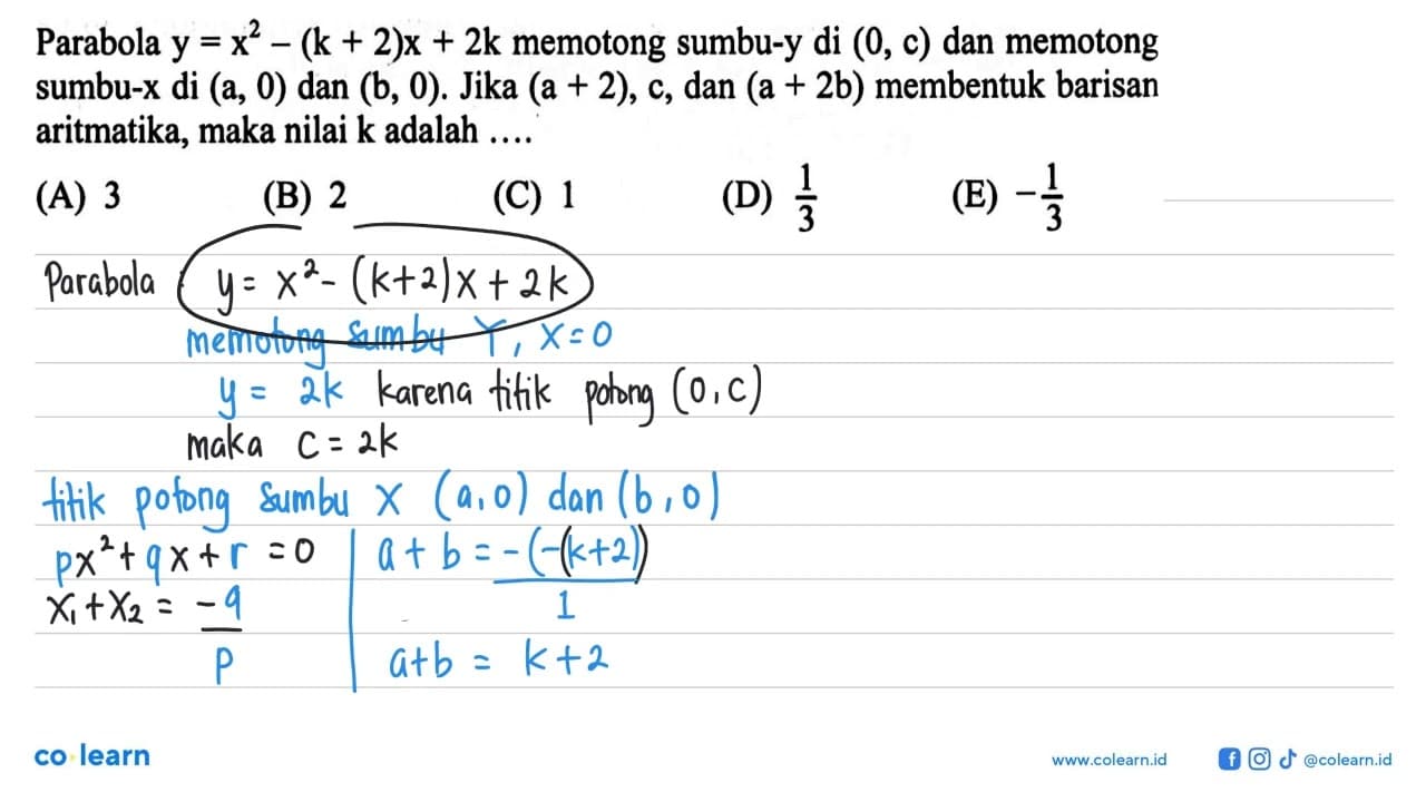 Parabola y=x^2-(k+2)x+2k memotong sumbu-y di (0, c) dan