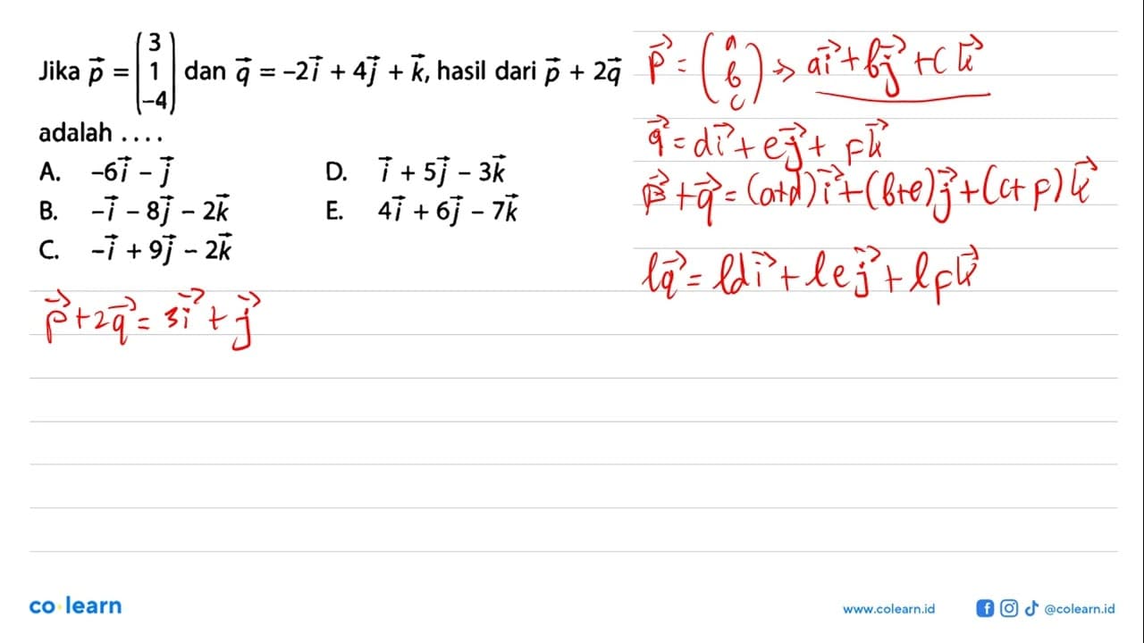 Jika vektor p = (3 1 -4) dan vektor q = -2i + 4j + k, hasil