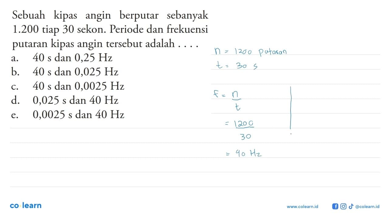 Sebuah kipas angin berputar sebanyak 1.200 tiap 30 sekon.