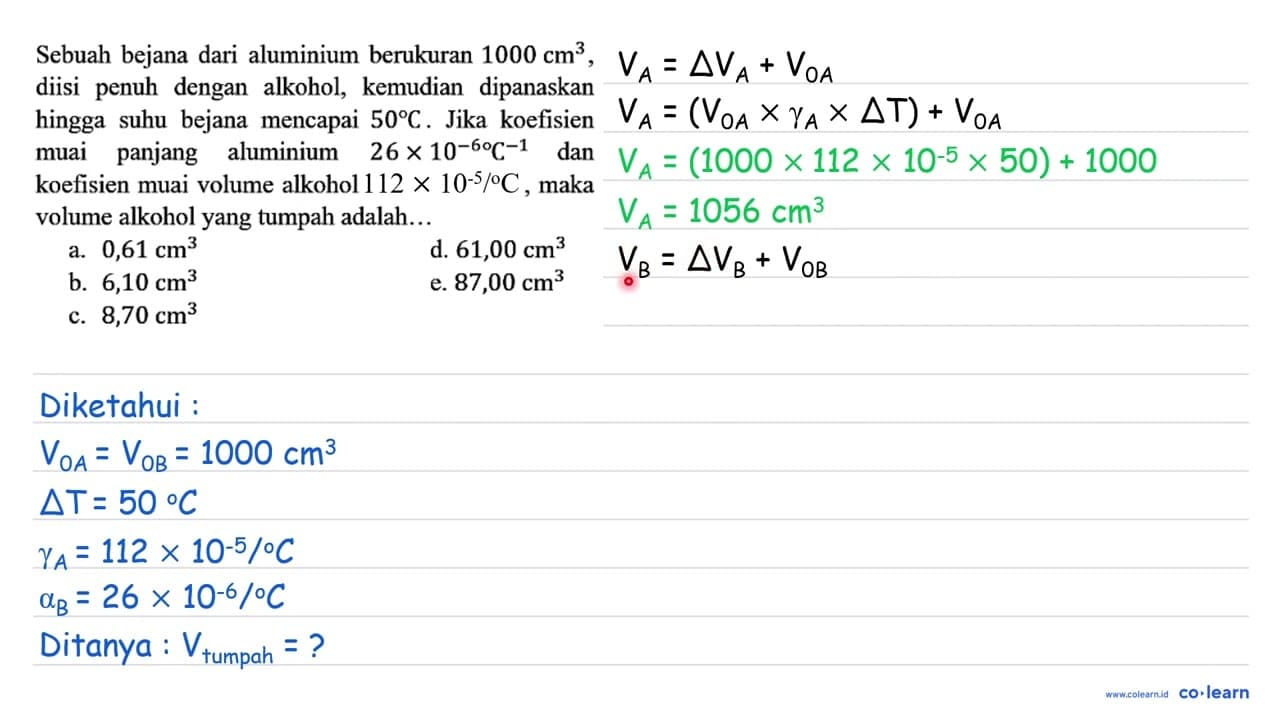 Sebuah bejana dari aluminium berukuran 1000 cm^3, diisi