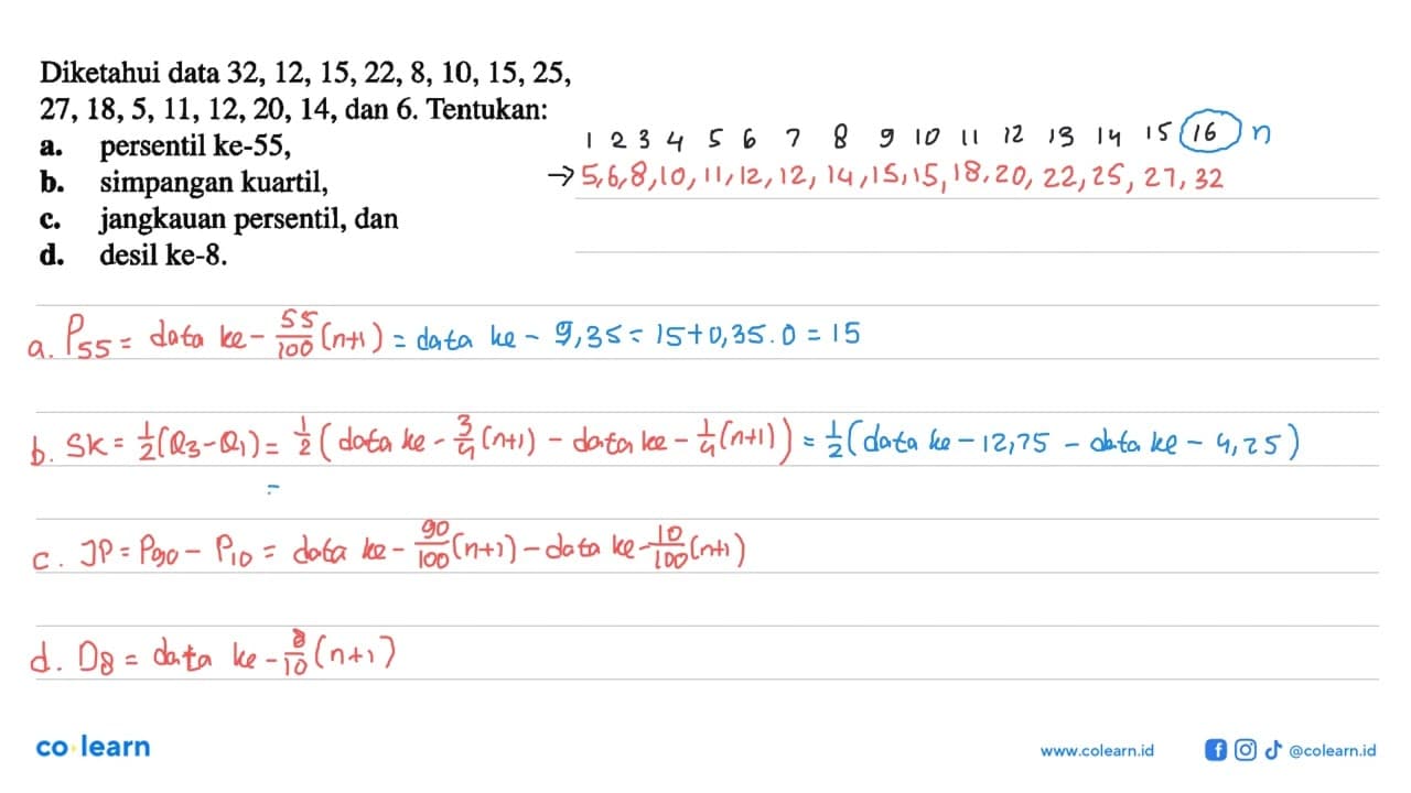 Diketahui data 32, 12, 15,22, 8, 10, 15,25, 27