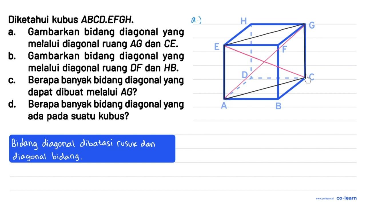 Diketahui kubus ABCD.EFGH. a. Gambarkan bidang diagonal