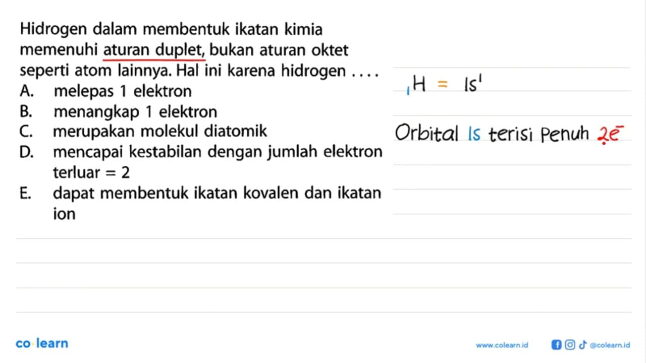 Hidrogen dalam membentuk ikatan kimia memenuhi aturan