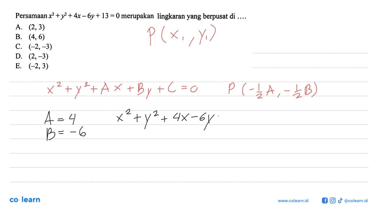 Persamaan x^2+y^2+4x-6y+13=0 merupakan lingkaran yang