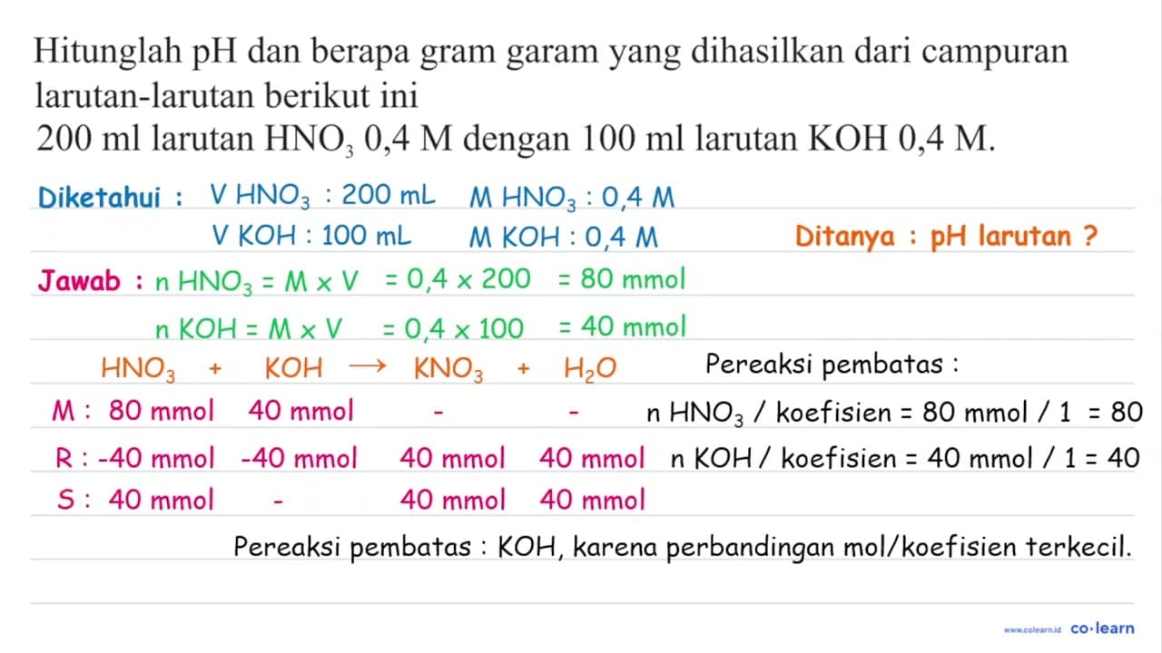 Hitunglah pH dan berapa gram garam yang dihasilkan dari